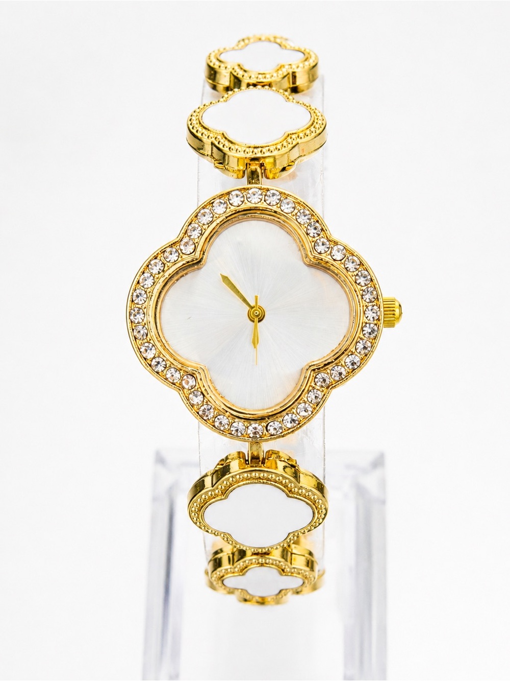 Gold Clover Crystal Women’s Watch White Dial Statement Bracelet Watch